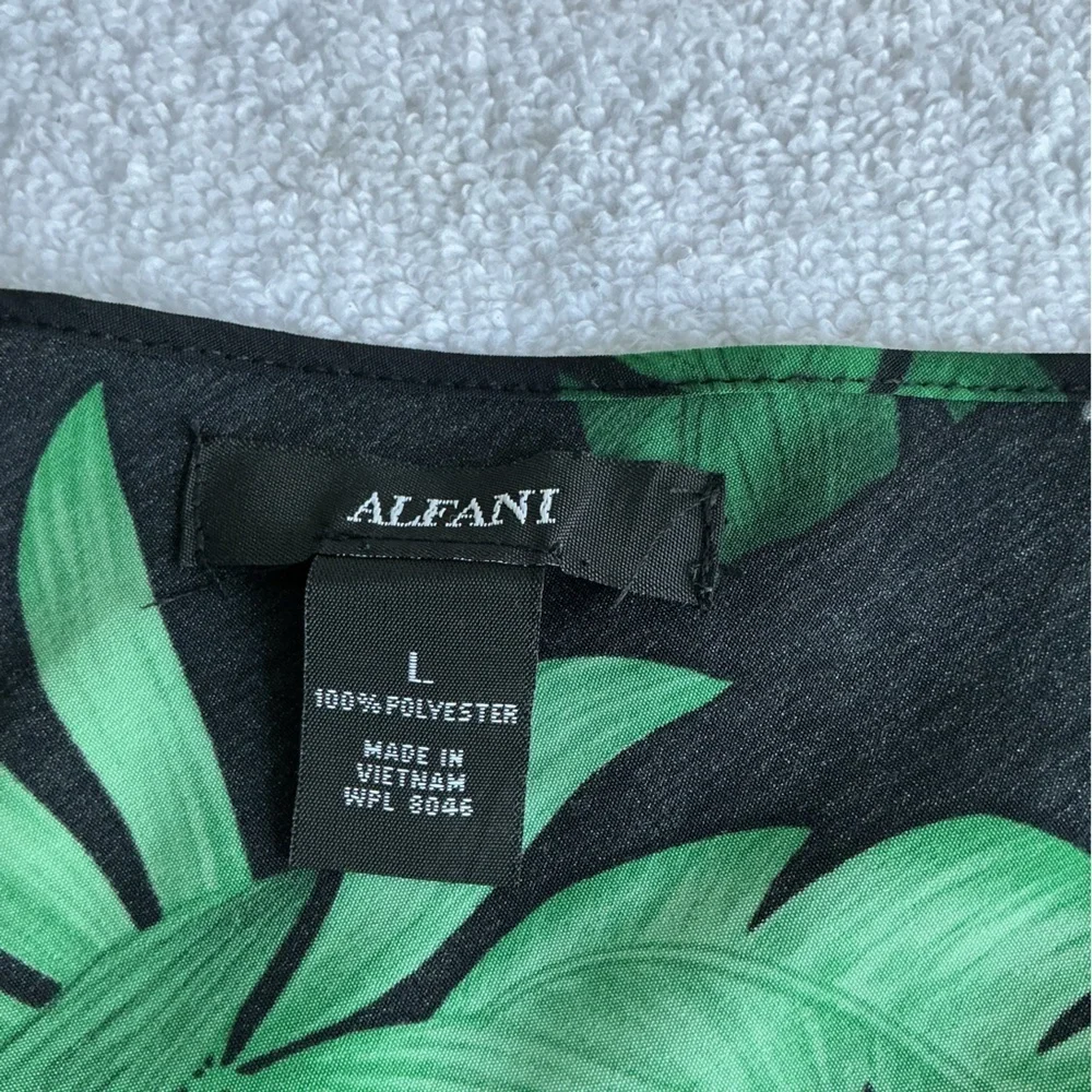 Alfani Tropical Black Blouse with Green Leaf Design Sz L